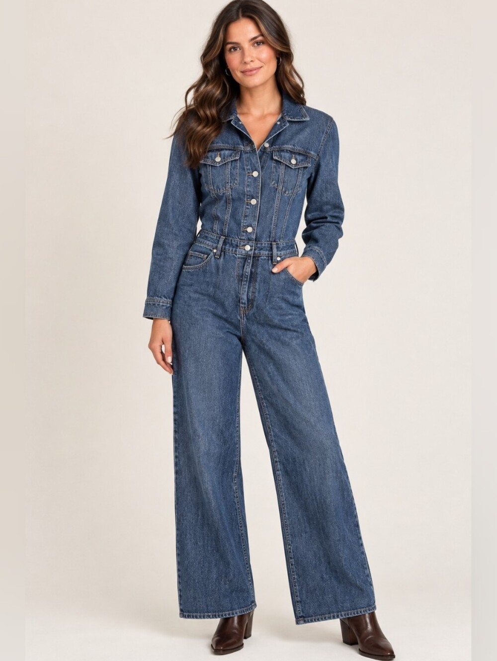 LOFT Medium Wash Denim Utility Jumpsuit Long Sleeve Wide Leg Boiler Suit Size 4